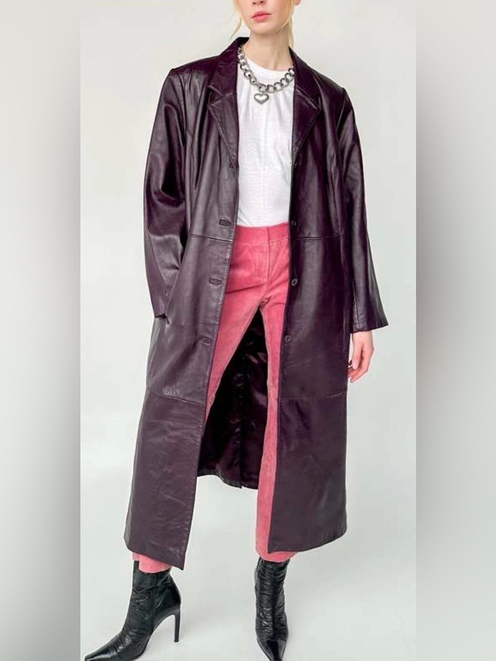 Donna La pure Genuine Leather Long Coat in plum burgundy Size XL